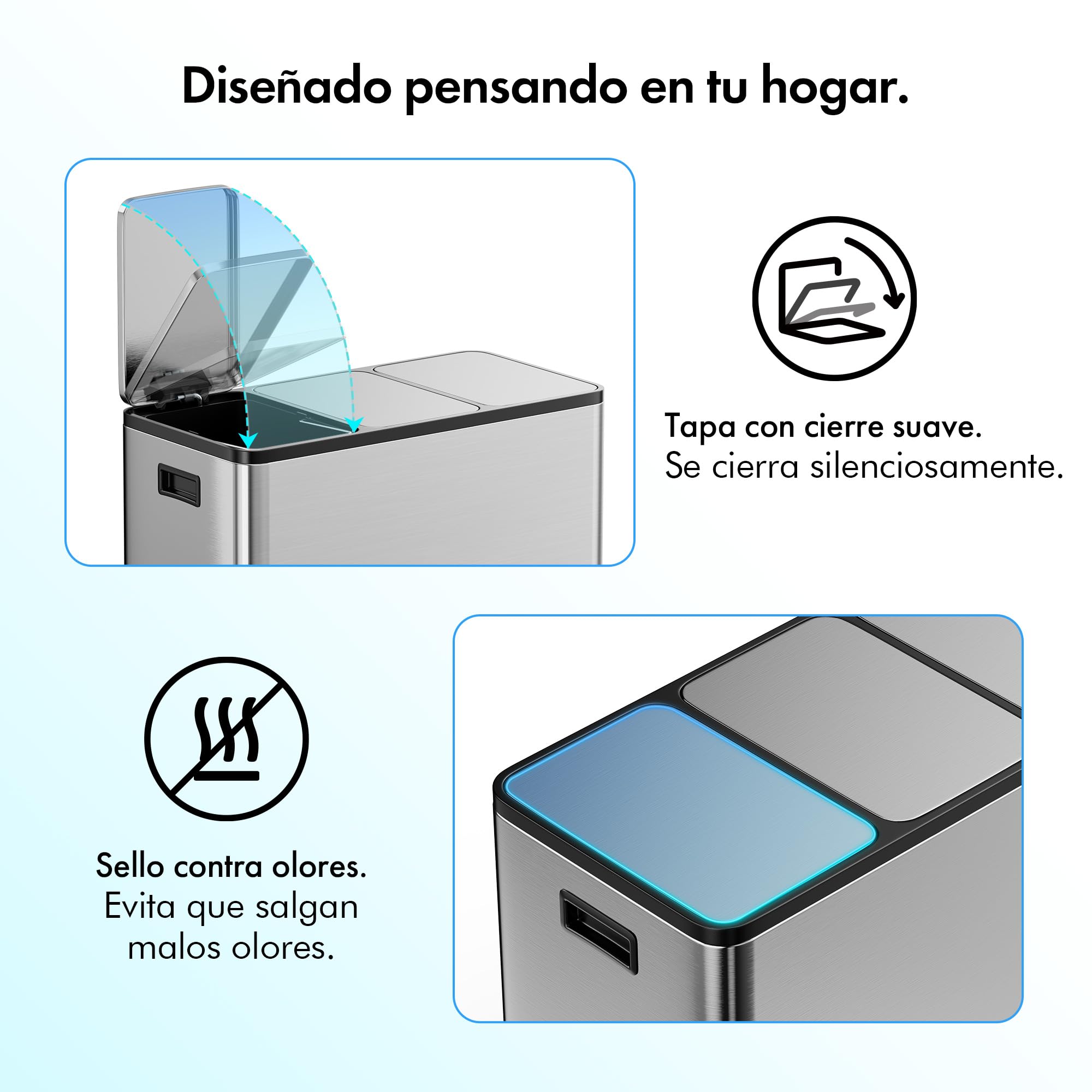 VonHaus Cubo de Basura Cocina Reciclaje, Contenedor Grande, Sistema de Separación de Residuos con Base Antideslizante y Compartimentos Extraíbles (Acero Inoxidable, 45 L (3 x 15 L)) | 3 x 15 L reciclaje sistema de separación de basura, base antideslizante