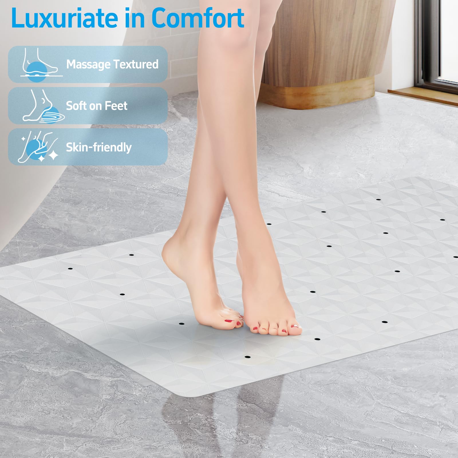 Tappetino antiscivolo per vasca da bagno e doccia, tappetino in gomma naturale con ventose e fori di scarico, senza BPA e PVC, lavabile in lavatrice, motivo a rombi unico, 43 x 89 cm
