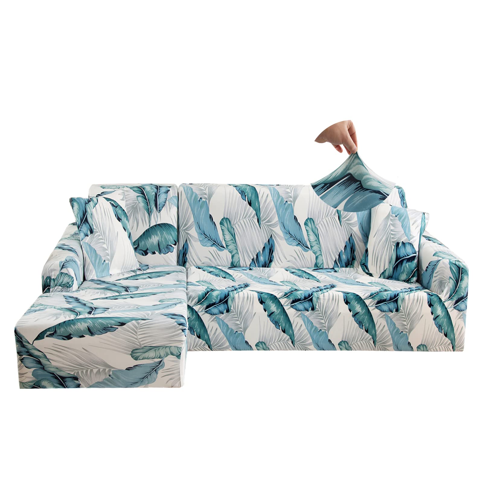 Jaotto Copridivano con Penisola Elasticizzato A Sinistra Destra, Fodere Copridivano Angolare Universale, Copridivano Antigraffio Gatto Chaise Longue a Forma di L(2 Posti+2 Posti,Foglia Bianca)