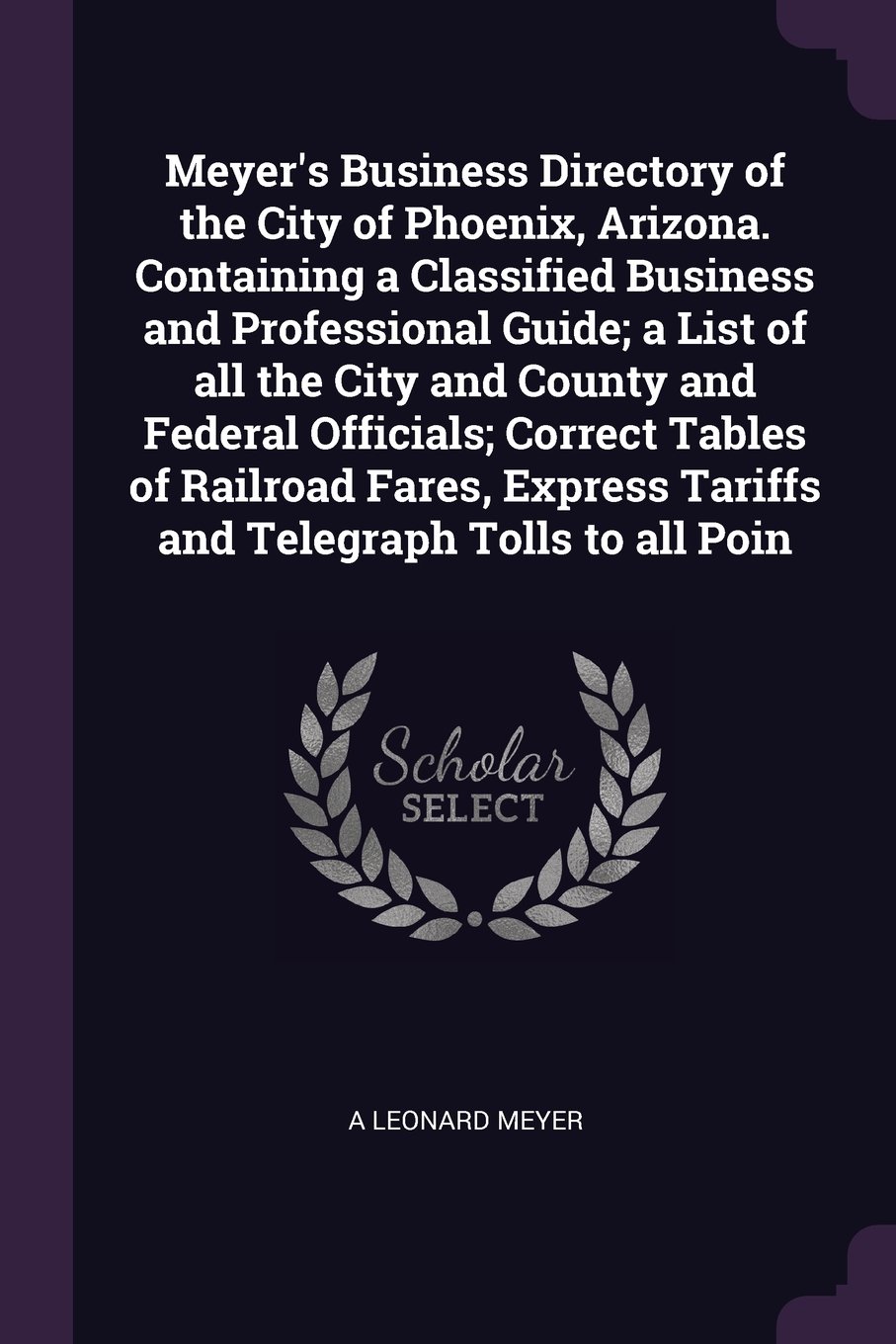 A Leonard MeyerMeyer's Business Directory of the City of Phoenix, Arizona. Containing a Classified Business and Professional Guide; a List of all the City and County ... Tariffs and Telegraph Tolls to all Poin
