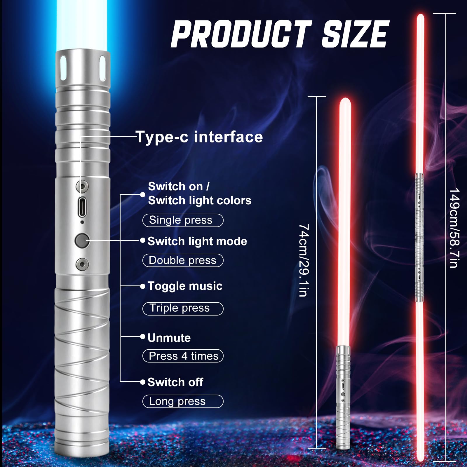2PC RGB 20 Colori Duell Lightsaber 4 Suoni USB-C Ricaricabile Pulizia in Metallo Rimovibile