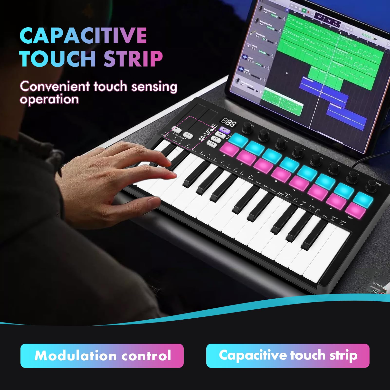 Tastiera Musicale, tastiera MIDI migliorata, tastiera arranger portatile ricaricabile, tastiera RGB pad, SMK-25II, nero e bianco, batteria integrata
