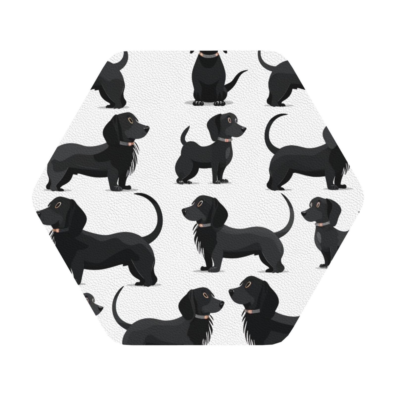 Black Dogs Dachshund Dog Print Leather Coaster Set of 6, Hexagon Coasters Table Decorative Coffee Cup Beverage Coasters Wine Beer Bar Coasters for Hot Drinks Table Protection