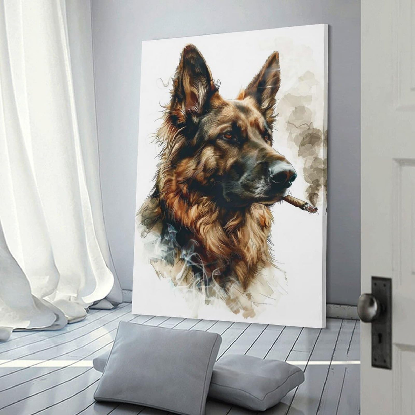 Junmoney Smoking German Shepherd Canvas Art Print 12x18inch(30x45cm), for Bedroom Decor, Cosy Corners Or Studios, An Easy Wall Refresh for Bedrooms