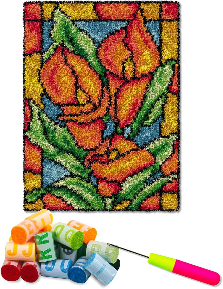DIY Latch Hook Kits Cross Throw Carpet Embroidery Cover Rug Pattern Color Printed Canvas 52x38cm, Crochet Needlework Crafts for Kids and Adults