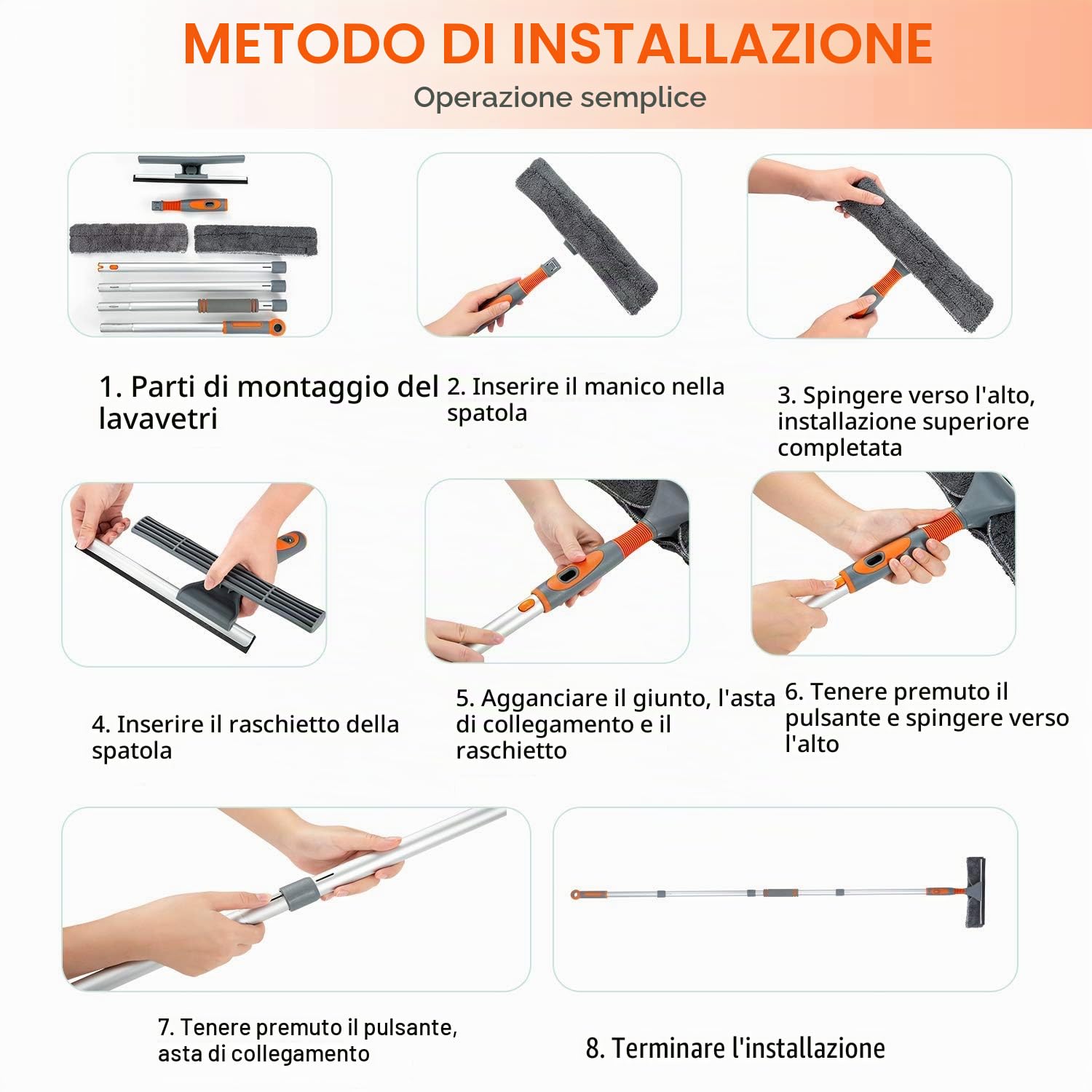 lavavetri professionale 2 in 1, con asta di prolunga, sistema di lavaggio per finestre, con testa pieghevole, strumento per la pulizia di finestre alte, per interni ed esterni