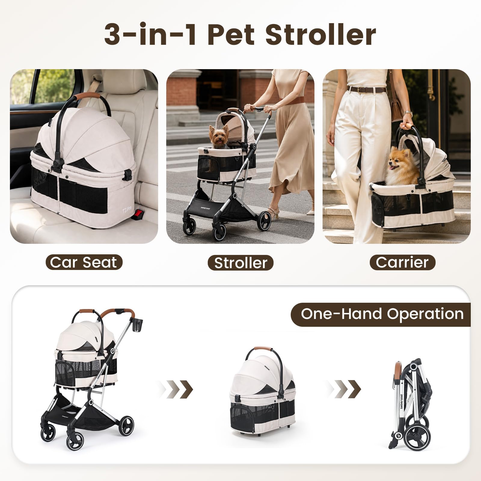 Beberoad Pets T3 PRO Haustier-Kinderwagen für kleine und mittelgroße Hunde und Katzen, 4 Räder, Reise-Klapptrage, wasserdicht, Welpenwagen mit Pad, Baldachin und Getränkehalter, Beige