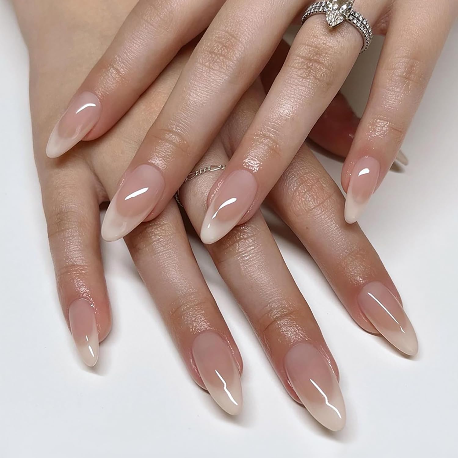 Nude Gradient False Nails Medium Length Almond Fake Nails Full Cover Press on Nails French Tip Nature Artificial Acrylic Nails Glue on Nails for Women