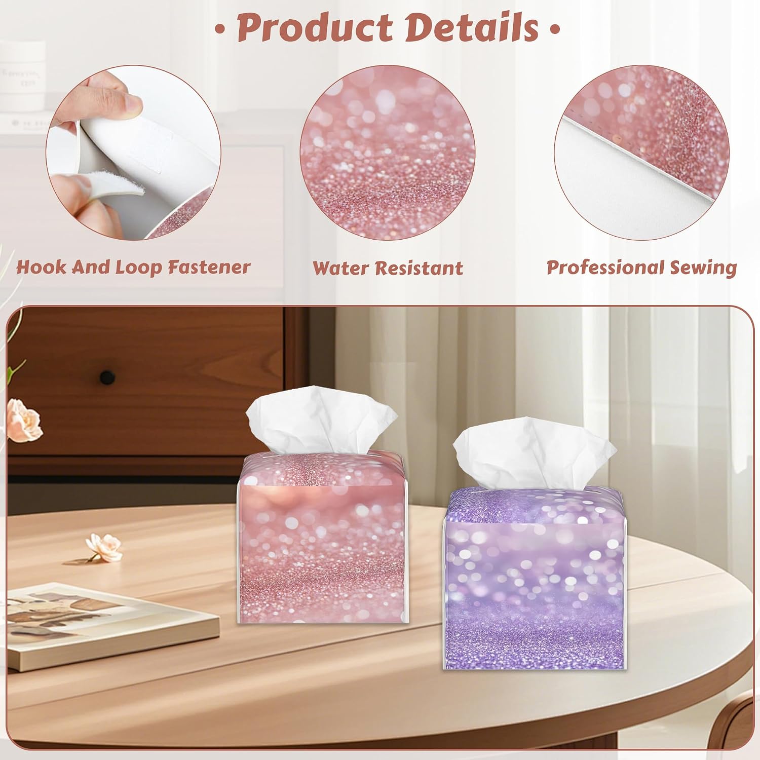 2 Pcs Tissue Box Cover Square, Pink Gold Glitter Tissue Box Holder Leather Facial Paper Organizer Dispenser for Bathroom Kitchen Bedroom Night Stand Office Desk image 3