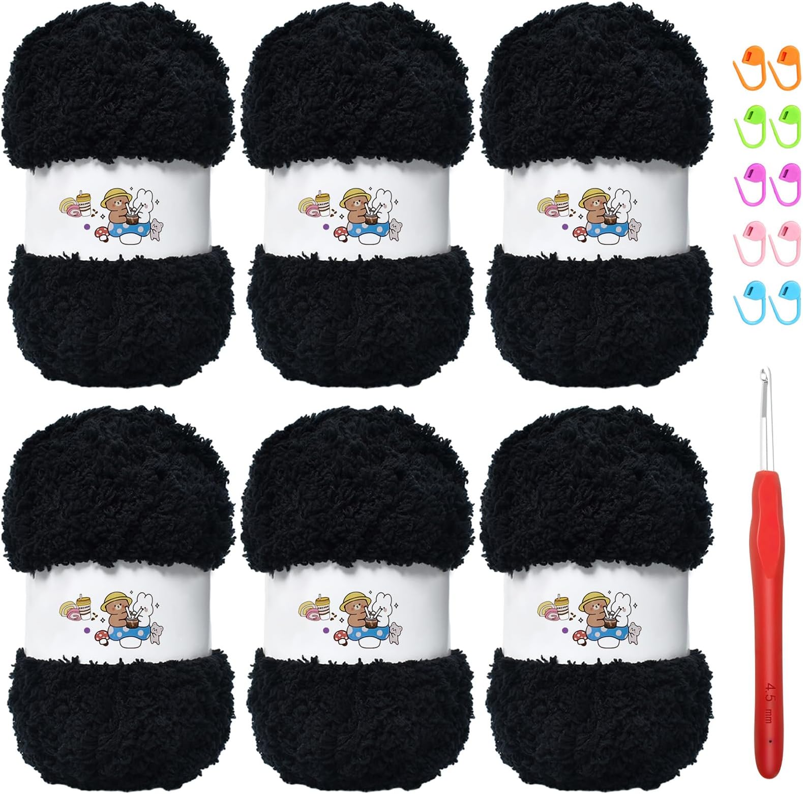 SIMEIQI 6 PCS Soft Coral Velvet Chenille Yarn for Crocheting,Fluffy Yarn for Knitting and Crochet DIY Craft,Warm Crochet for Bag Hat Scarve Gloves Slippers Dolls(Black)