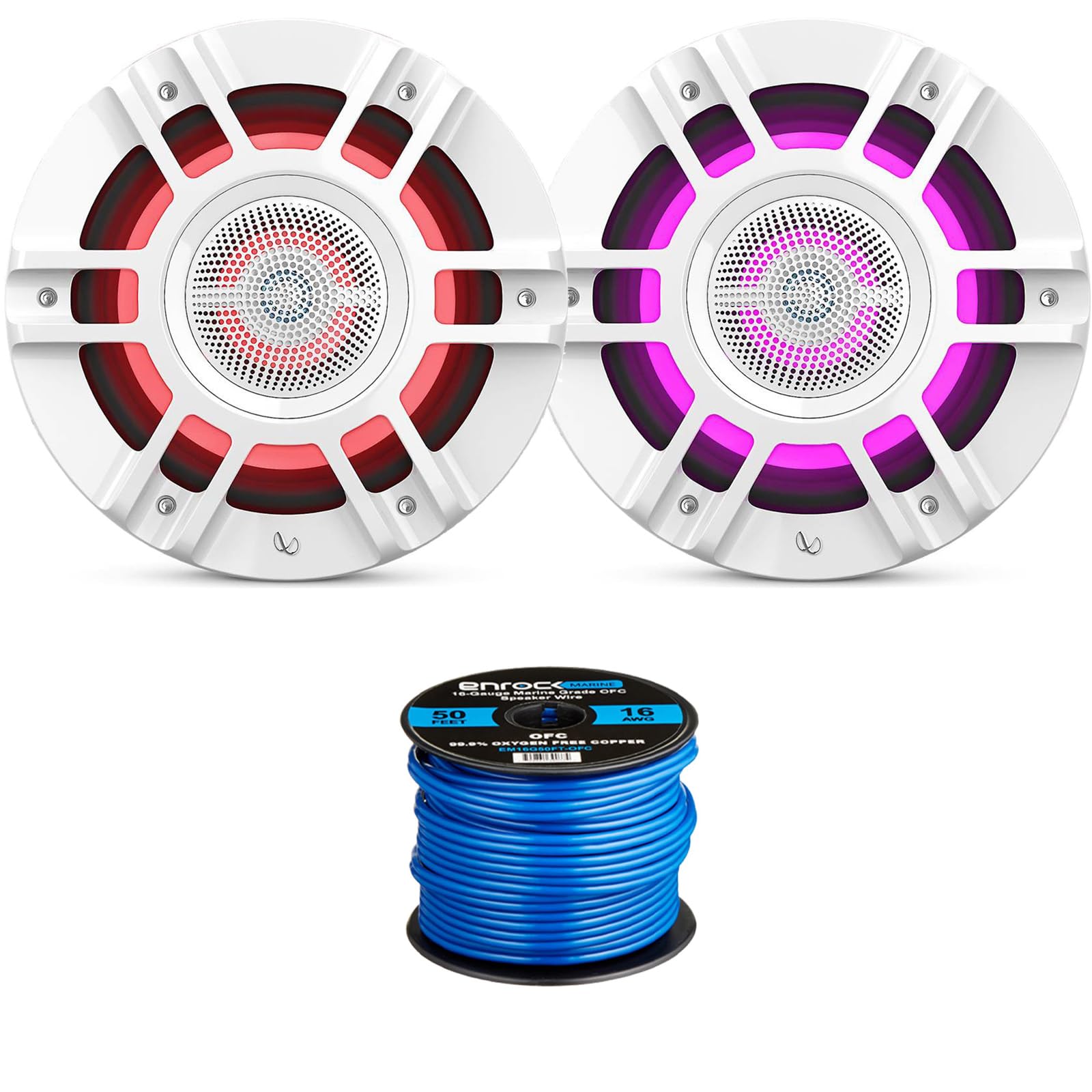 2X 8 500 Watts Peak Power 3-Way Premium Marine RGB LED Speaker, 50 Feet 16 Gauge Speaker Wire