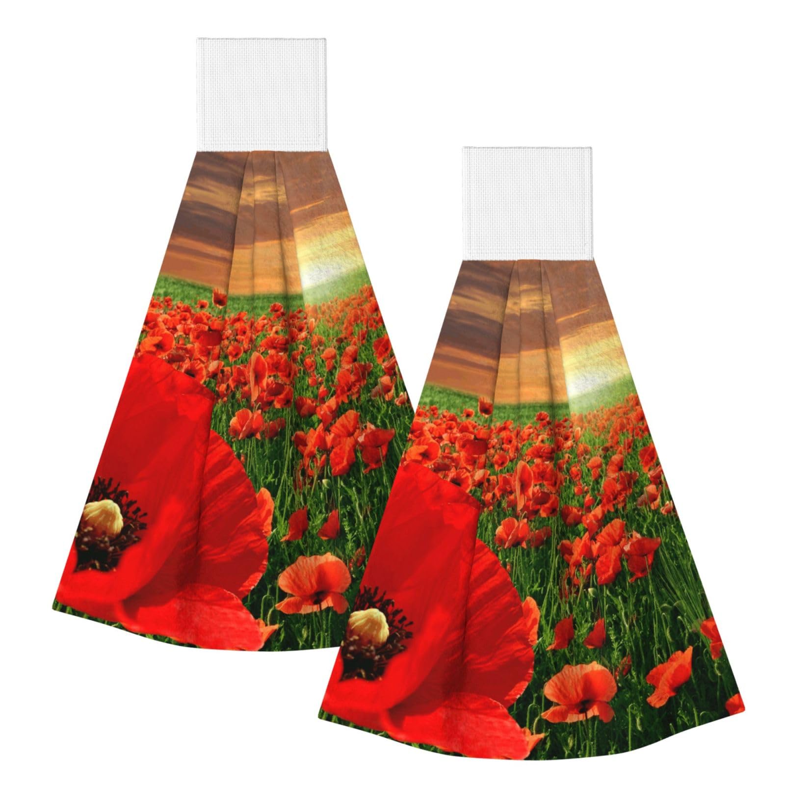 DOPKLNA Sunset Poppy Field, 2 Pcs Hanging Coral Fiber Hand Towels for Bathroom, Absorbent Kitchen Towels