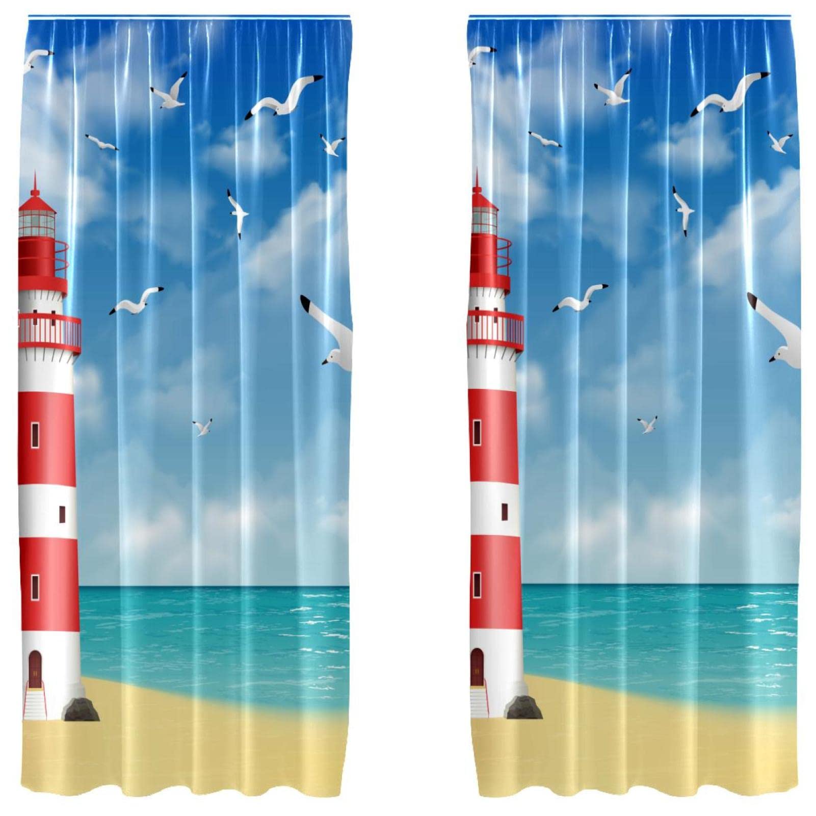 Cortinas de gaviotas ligeras de 55 x 84 pulgadas, Lighthouse Beach traslúcidas de salón