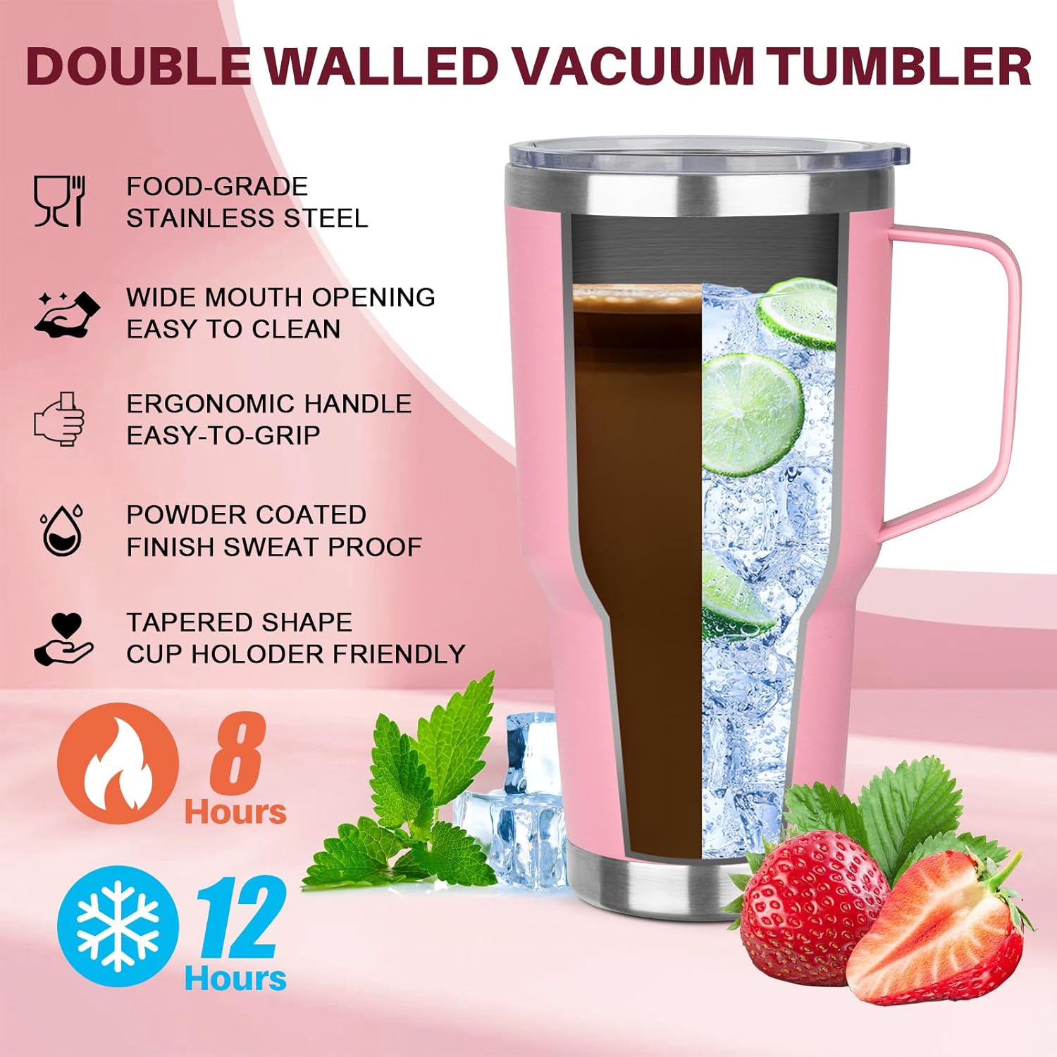30 oz Stainless Steel Tumbler with Handle, Double Wall Vacuum Insulated Coffee Mug Tumbler with Lid and Straw, Thermal Cup for Cold and Hot (Pink) - Image 3