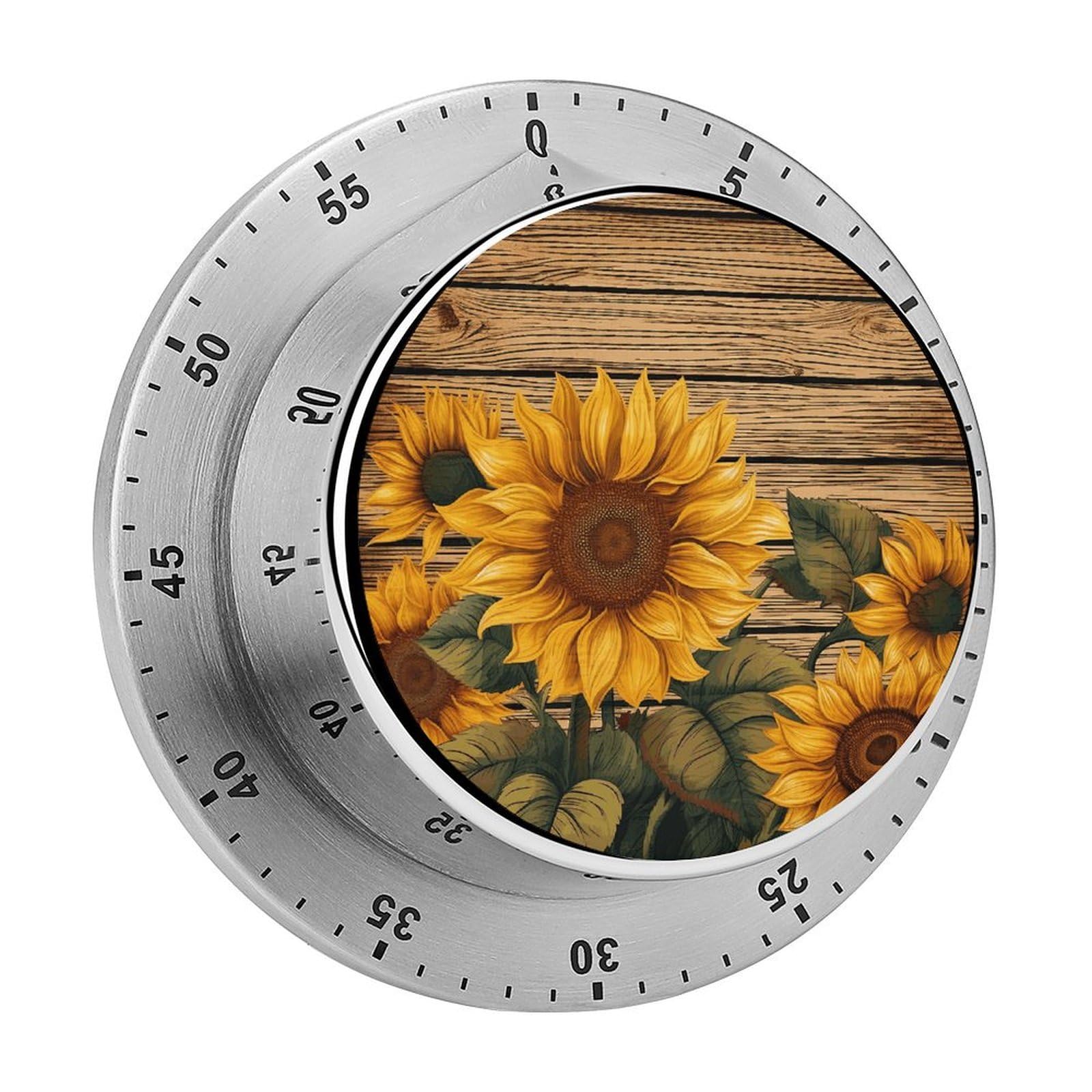 Paint Wooden Board Sunflower Timer No Batteries Required Wind Up Timer with Loud Alarm Stainless Steel Body Exquisite Visual Mechanical Timers Magnetic Countdown Kitchen Timers for Cooking