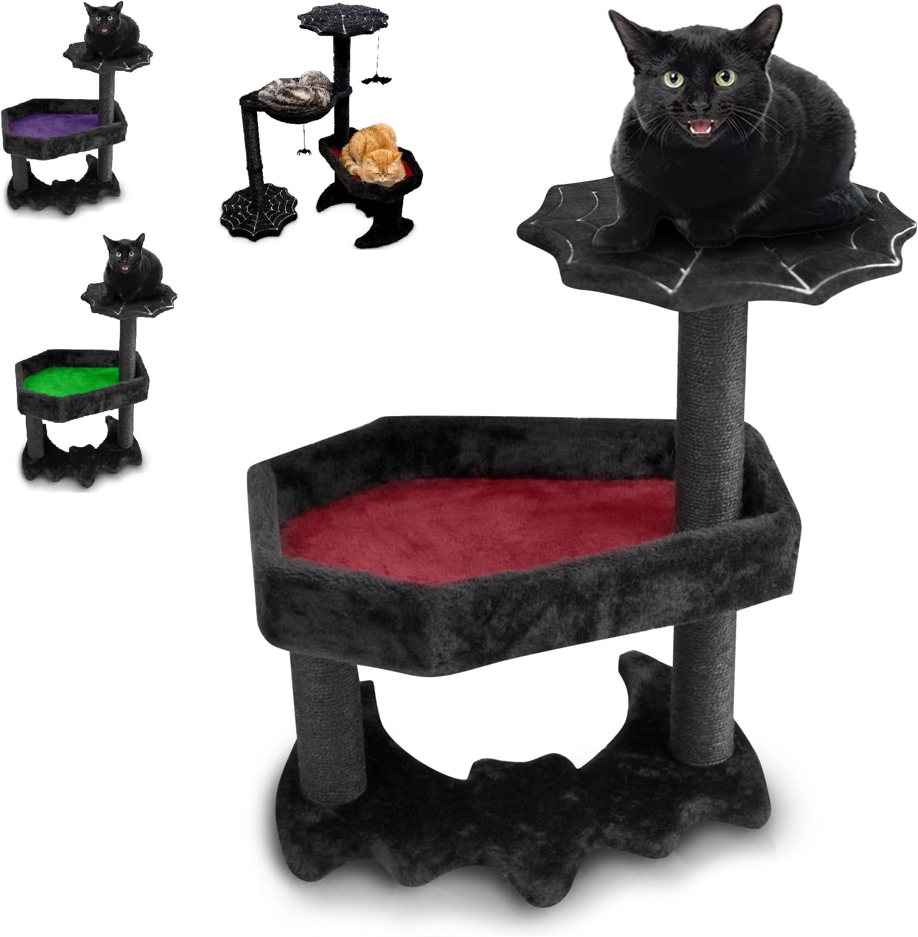 Gothic Cat Tree with Coffin Cat Bed, Gothic Cat Tower, Coffin cat Tree with Sisal Scratching Posts for Halloween cat, Small Size, Black with Red Littlesy