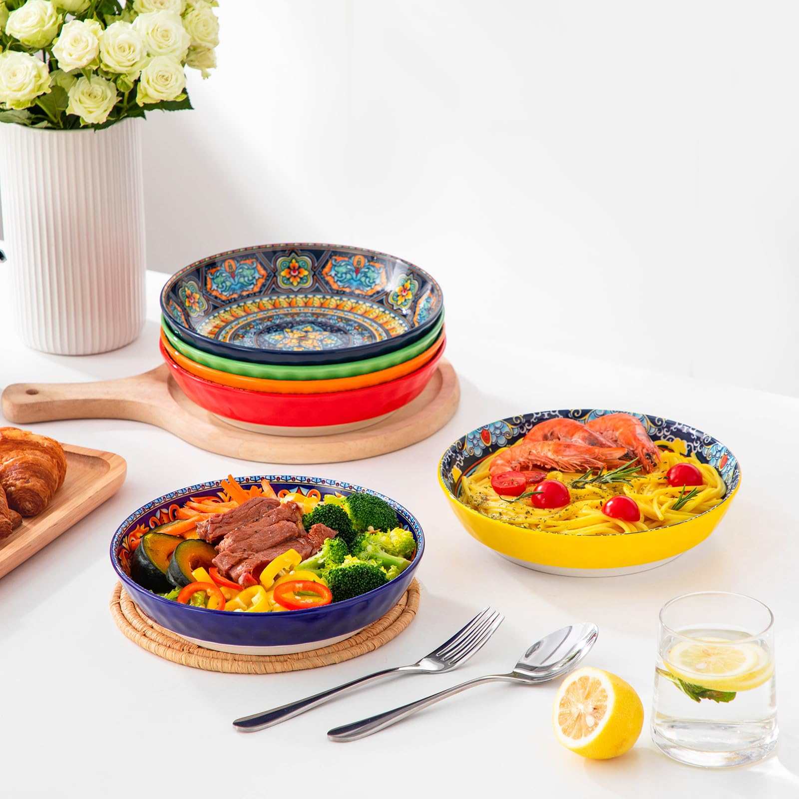 vancasso Suppenteller 6er Set, Pastateller KRVI Tiefe Teller Set, Pasta Teller Tief Groß, Buntes Tiefteller Set Ø 21cm, 960ml Suppenschüssel für Suppe, Müsli, Pasta, Salat, Spülmaschine Mikrowellen