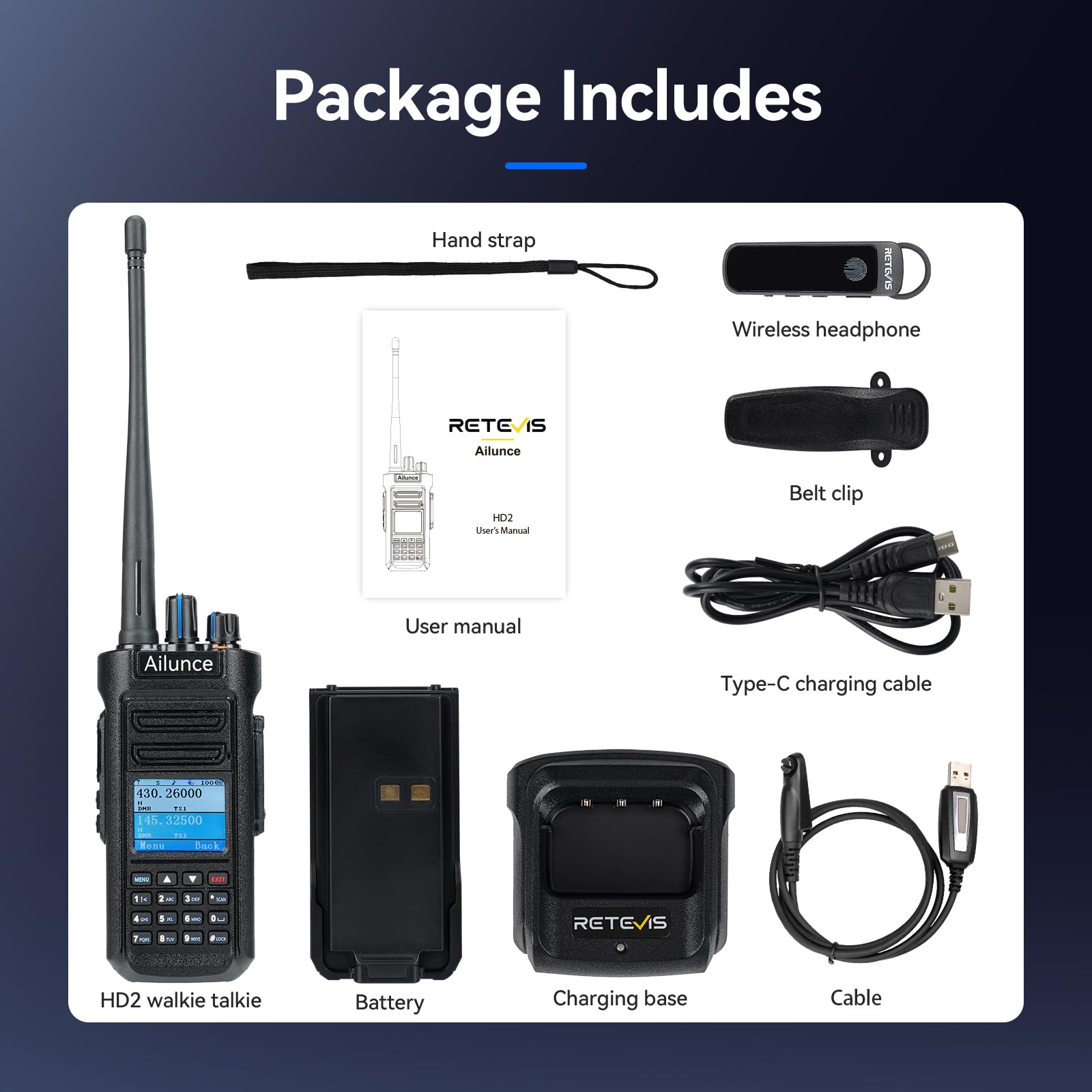 Retevis Ailunce HD2 DMR Radio, Talkie Walkie Longue Portée | sans Fil 5.0, Double Bande Walkie Talkie, Etanche IP67, Batterie 3200mAh Radio Amateur pour Evénement Amateur