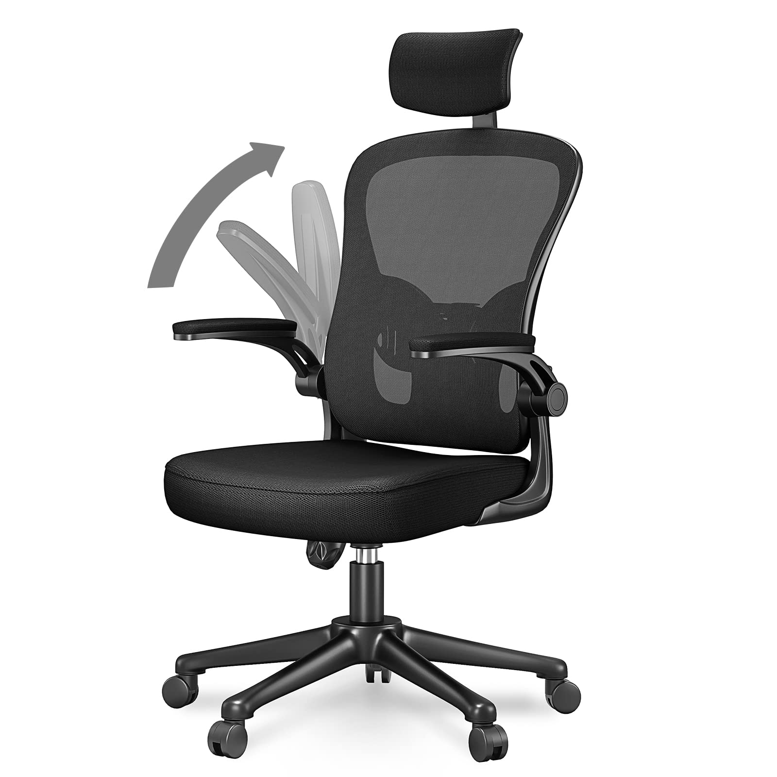 naspaluro Silla de Oficina Ergonómica con Soporte Lumbar, Silla de Escritorio con Reposacabezas Ajustable, Reposabrazos Abatibles, Respaldo Transpirable, Silla Giratoria para Oficina en Casa, Negro
