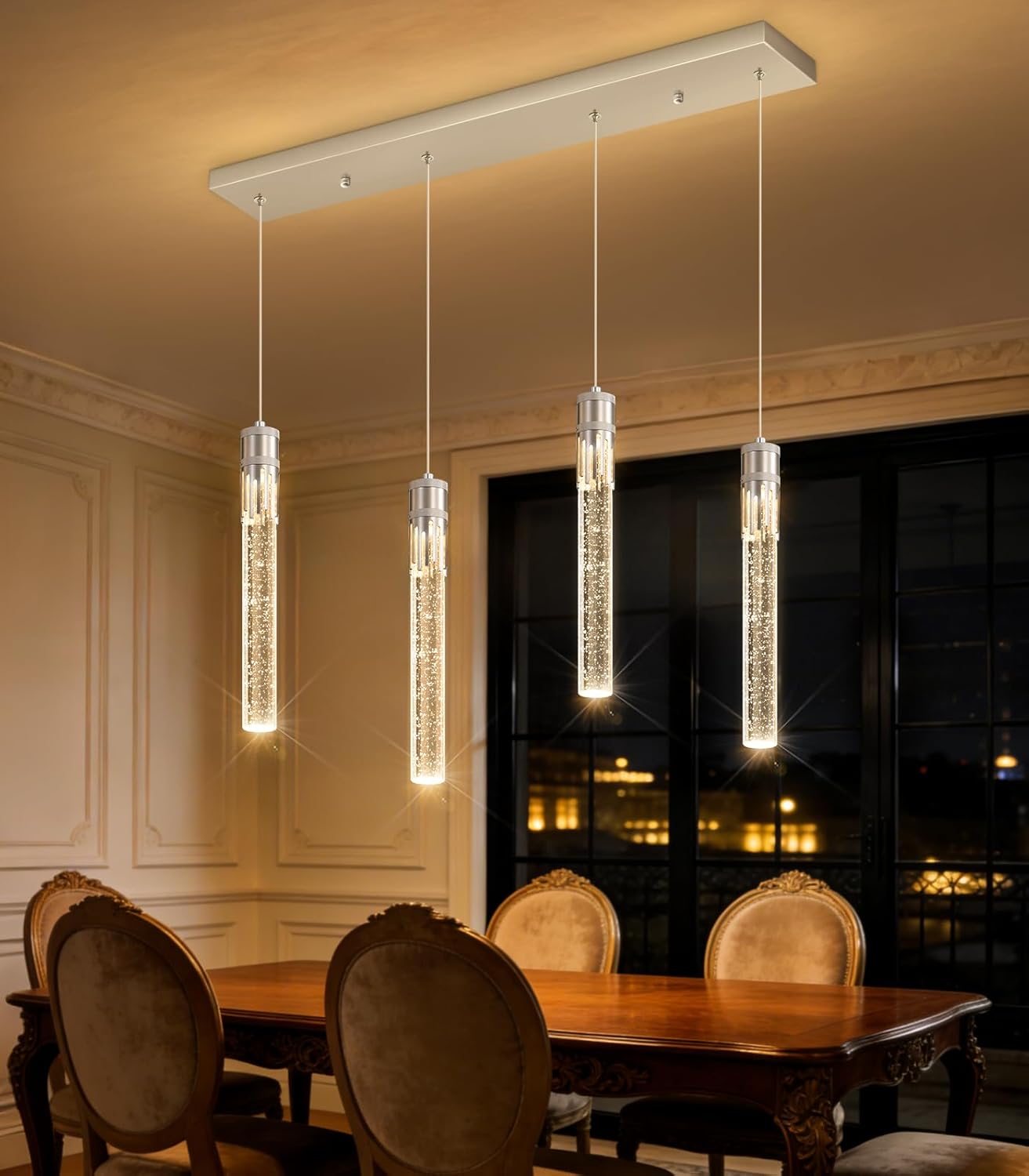 4 Lights Pendant Lights for Kitchen Island Modern Dimmable LED Crystal Chandelier Brushed Nickel Pendant Light Fixture with Remote for Dining Room Living Room