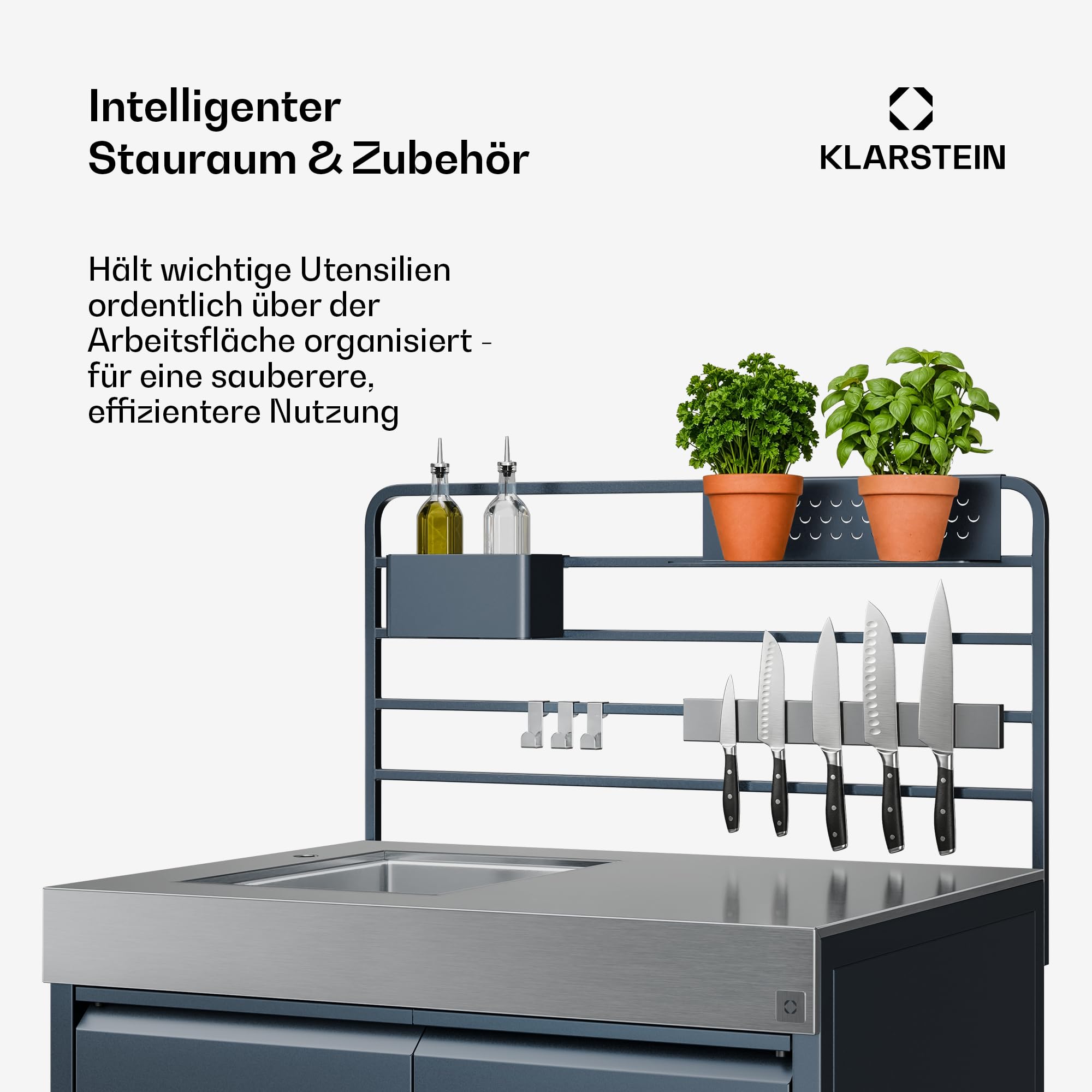 Klarstein WaldChef Spülenschrank Outdoor-Küchenschrank Edelstahlspüle Arbeitsplatte pulverbeschichteter Stahl Regal ausziehbarer Abfallbehälter