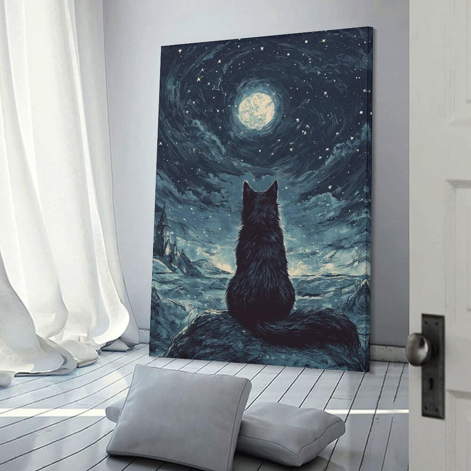 Junmoney Black Cat Under The Moon Canvas Art Print 08x12inch(20x30cm), for Gallery Wall Layouts in Home Or Office, Decorative Artwork with Flexible Styling