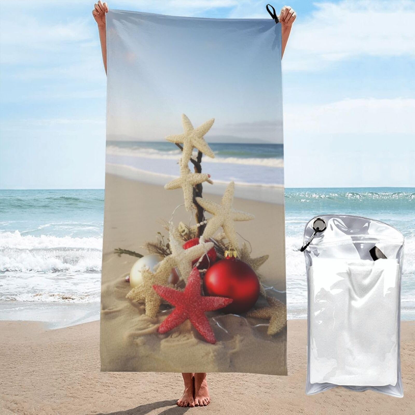 BWWHCCTI Christmas Beach Printed Microfiber Quick Dry Beach Towel 70x140 CM, Fast Drying Bath Towels with Bags for Travel,Camping,Gym,Beach,Swimming,Yoga