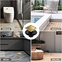 Vista 7 de Desagüe de suelo de ducha cuadrado cepillado oculto, dorado de 4 pulgadas, acero inoxidable 304, con brida, cubierta desmontable incrustada