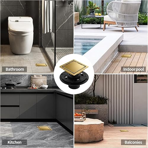 Miniatura 7 de Desagüe de suelo de ducha cuadrado cepillado oculto, dorado de 4 pulgadas, acero inoxidable 304, con brida, cubierta desmontable incrustada en