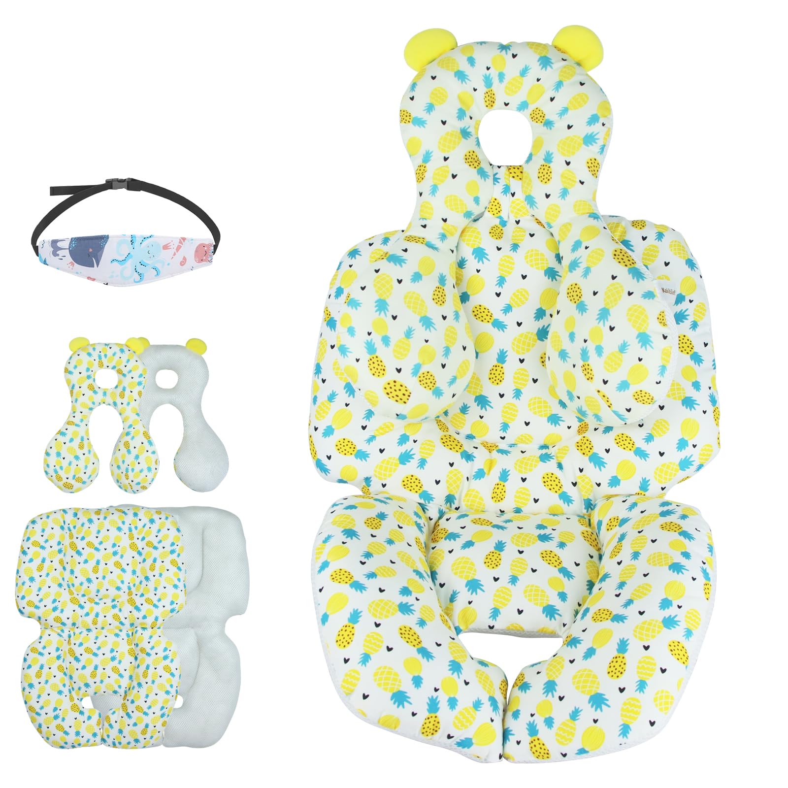 Infant Car Seat Insert with Extra Head Support, Soft Newborn Baby Carseat Head and Body Support, 2 in 1 Baby Car Seat Cushion for Strollers, Swings, Bassinets, and Bouncers (Pineapple)