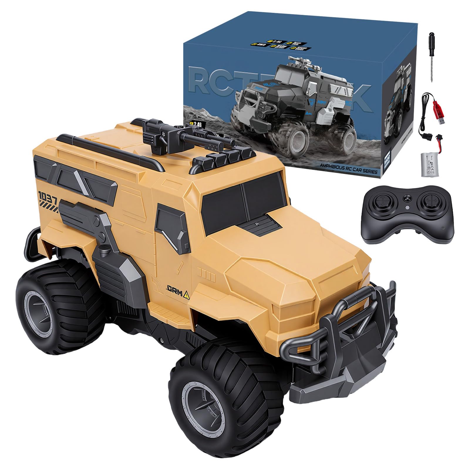 2,4 G RC Truck 4WD Fernbedienung Auto Wasserdichtes Geländefahrzeug Dual Mode Land und Wasser mit 360 Rotation 2 Wiederaufladbare Batterien 7,4 V 900 MAh für Outdoor-Rennen (Khaki)