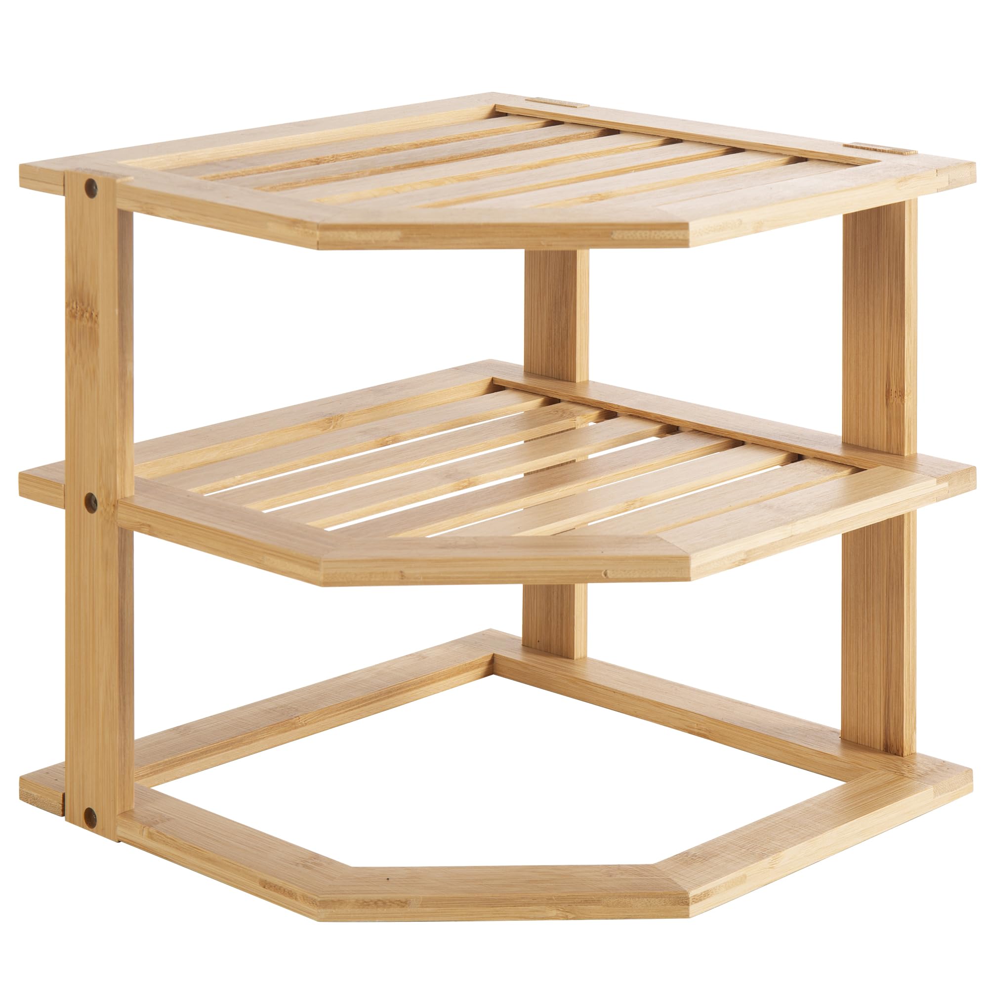 Vencier 3-Tier Bamboo Corner Shelf – 25×25×23.5 cm Freestanding Storage Rack, Cupboard & Countertop Organiser for Kitchen, Bathroom, and Living Room (Natural)