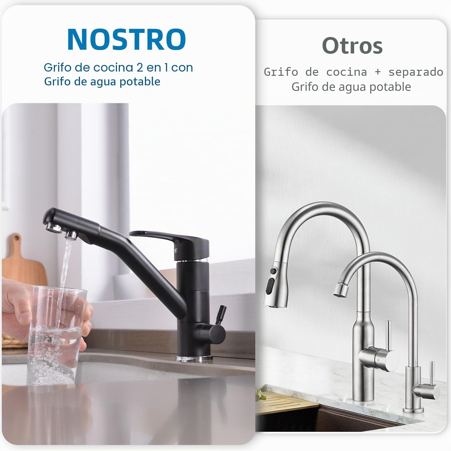 Grifo de cocina de 3 vías, grifo de cocina giratorio 360°, grifo de fregadero con caño flexible, G3/8 pulgadas (grifo de triple conexión con filtro de agua, negro)