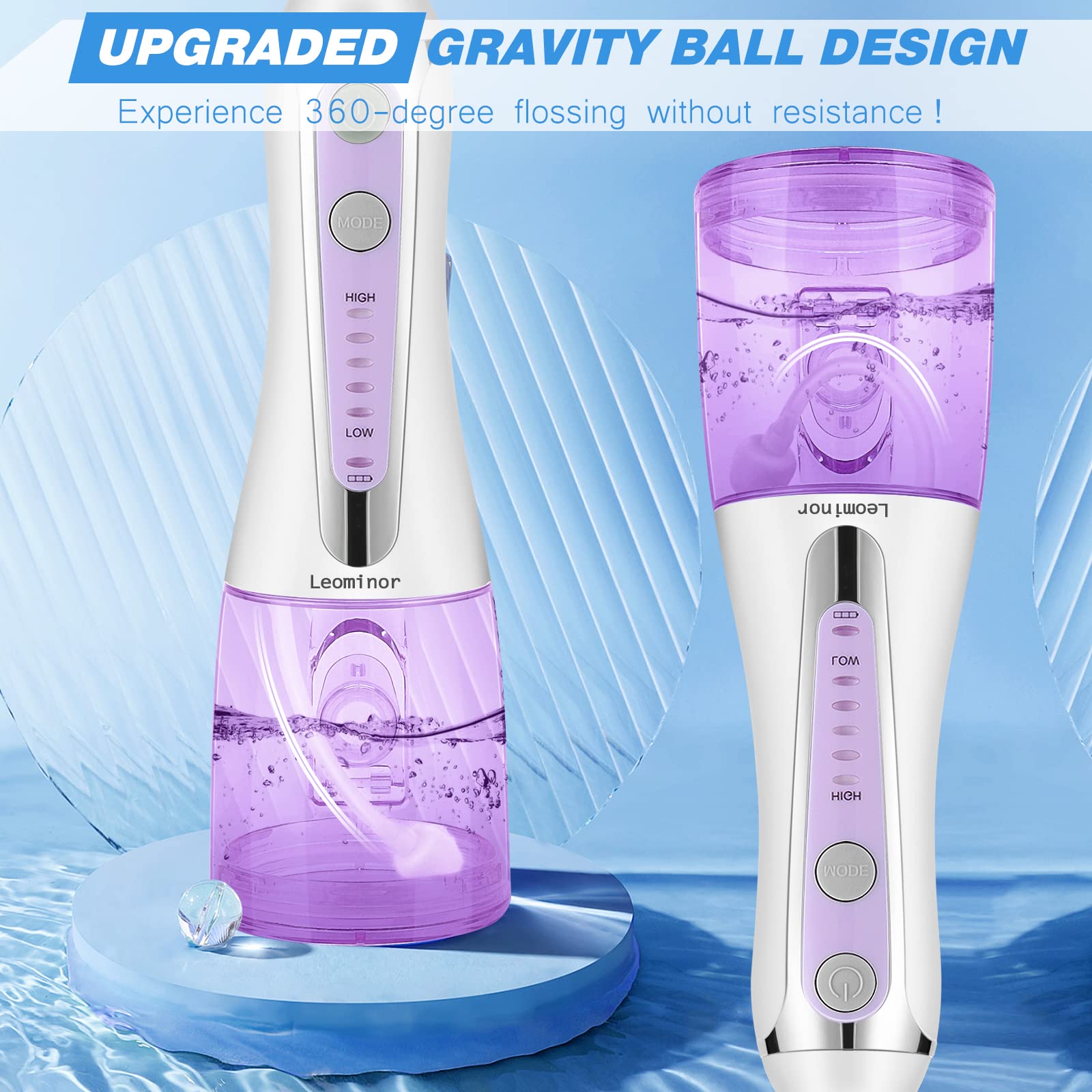 Leominor Cordless Water Flosser Professional Oral Irrigator,2021 Upgraded Electric Dental Flosser IPX7 Waterproof ,with Travel Bag and 7 Jet Tips, Rechargeable for Home&Travel