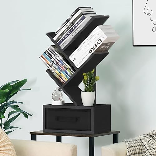 Miniatura 2 de Estante pequeño para libros con cajón, estantería de árbol negro de 4 niveles, estantería de escritorio de madera, estantería de almacenamiento de