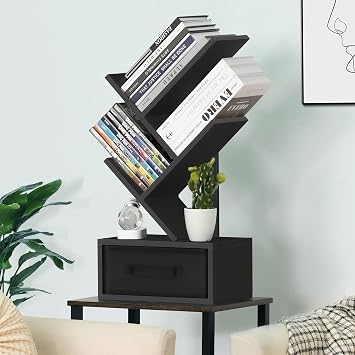 SHEEPAM 4-Tier Tree Bookshelf Small Bookcase with Drawer