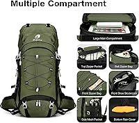 Vista 3 de Mochila de senderismo impermeable de 60L con cubierta de lluvia para hombres y mujeres, mochila de camping grande, verde Verde oscuro