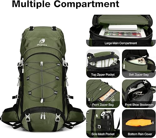 Miniatura 3 de Mochila de senderismo impermeable de 60L con cubierta de lluvia para hombres y mujeres, mochila de camping grande, verde