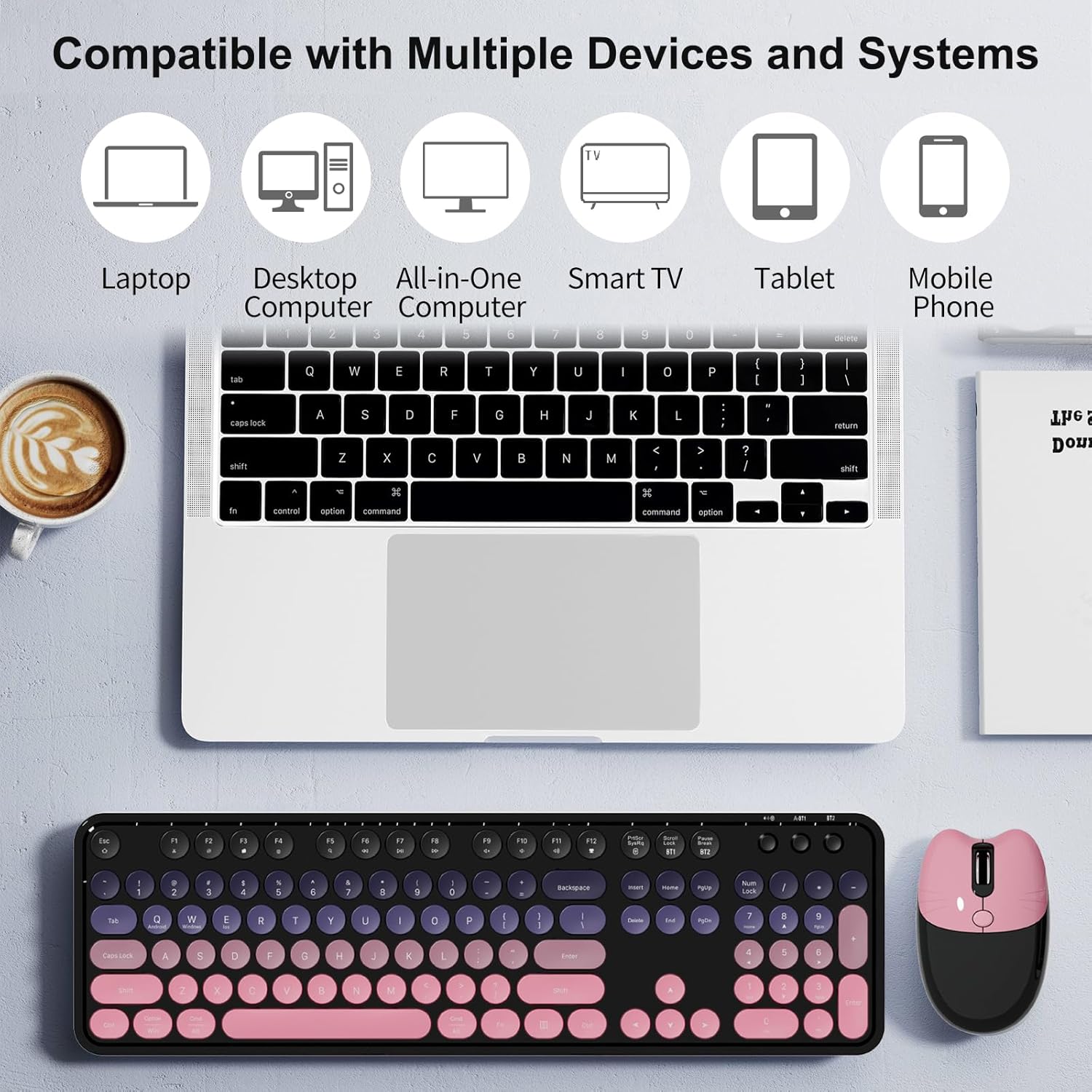 2.4G Full Size Wireless Keyboard and Mouse Combo, Bluetooth/2.4G Dual Mode, Typewriter Style Round Keycap, Cute Gradient Colors, Compatible with PC/Notebook/Tablet/Smartphone (Black Pink)