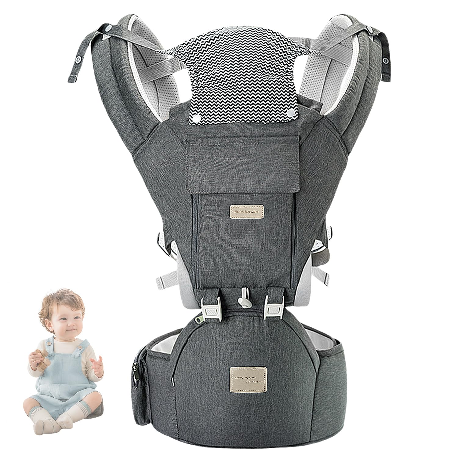 Marsupio per neonati dalla nascita per 3 – 36 mesi, in cotone, ergonomico, con seggiolino per bambini, morbido e traspirante, per viaggi, passeggiate, utilizzabile tutto l'anno (grigio)