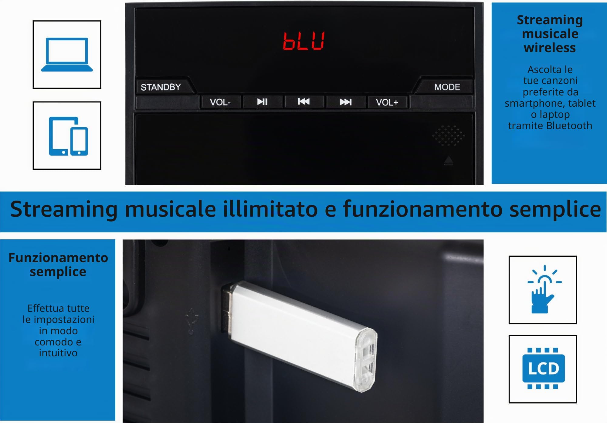 MCD-60 Impianto Stereo Verticale (Lettore CD/MP3, USB, Bluetooth, Aux in, Montaggio a Terra o a Parete, incl. Telecomando) Nero
