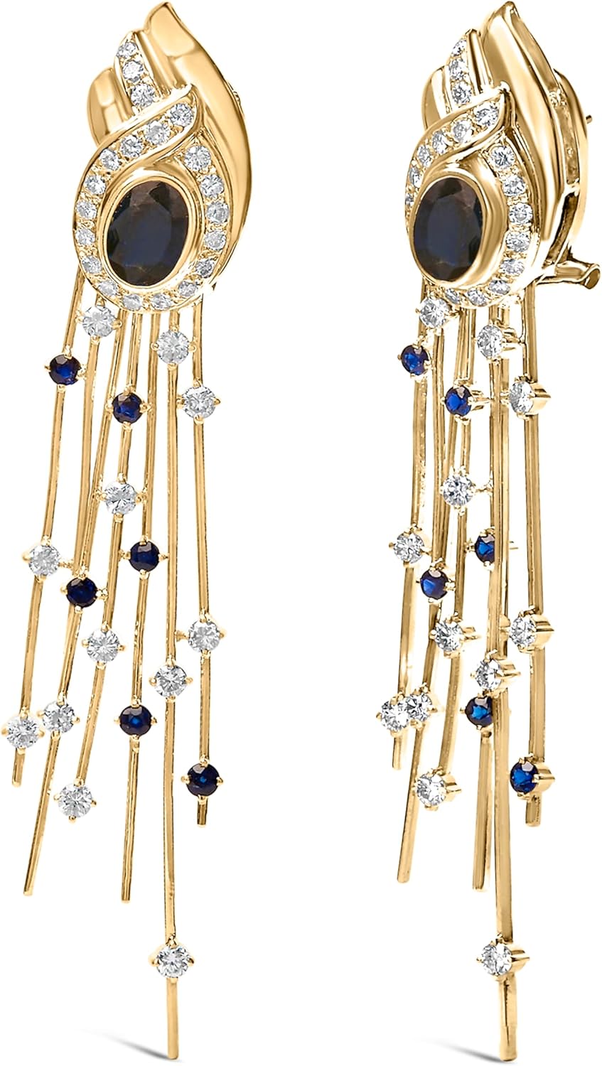 14K Yellow Gold 1.0 Cttw Diamond and Blue Sapphire Chandelier Earrings - Image 2