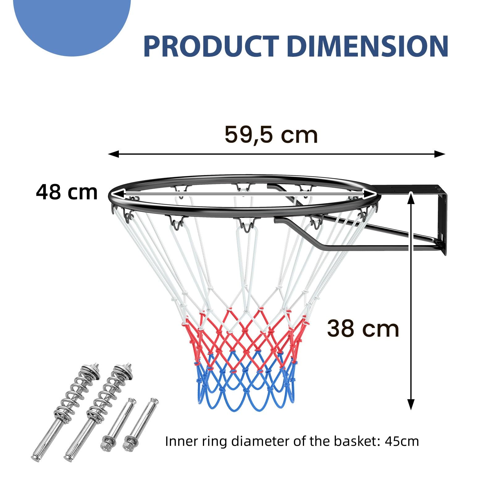 LIFEZEAL Canestro da basket da parete Ø 45 cm, solido anello da basket con supporto a parete e rete, pneumatici da basket in metallo per interni ed esterni