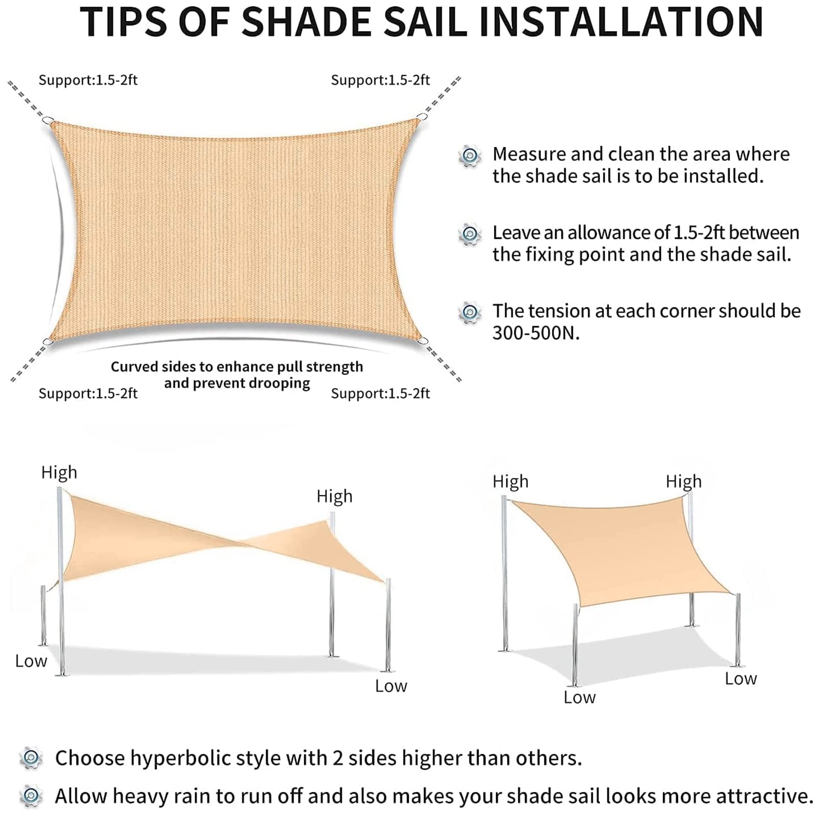 Tenda Parasole con Corde di Fissaggio, Vela Ombreggiante in HDPE 185 G/M² Traspirante Permeabile Tenda A Vela Protezione Solare Schermo UV 95% Giardino Esterni Patio Pergola Cortile,6.5'x10'