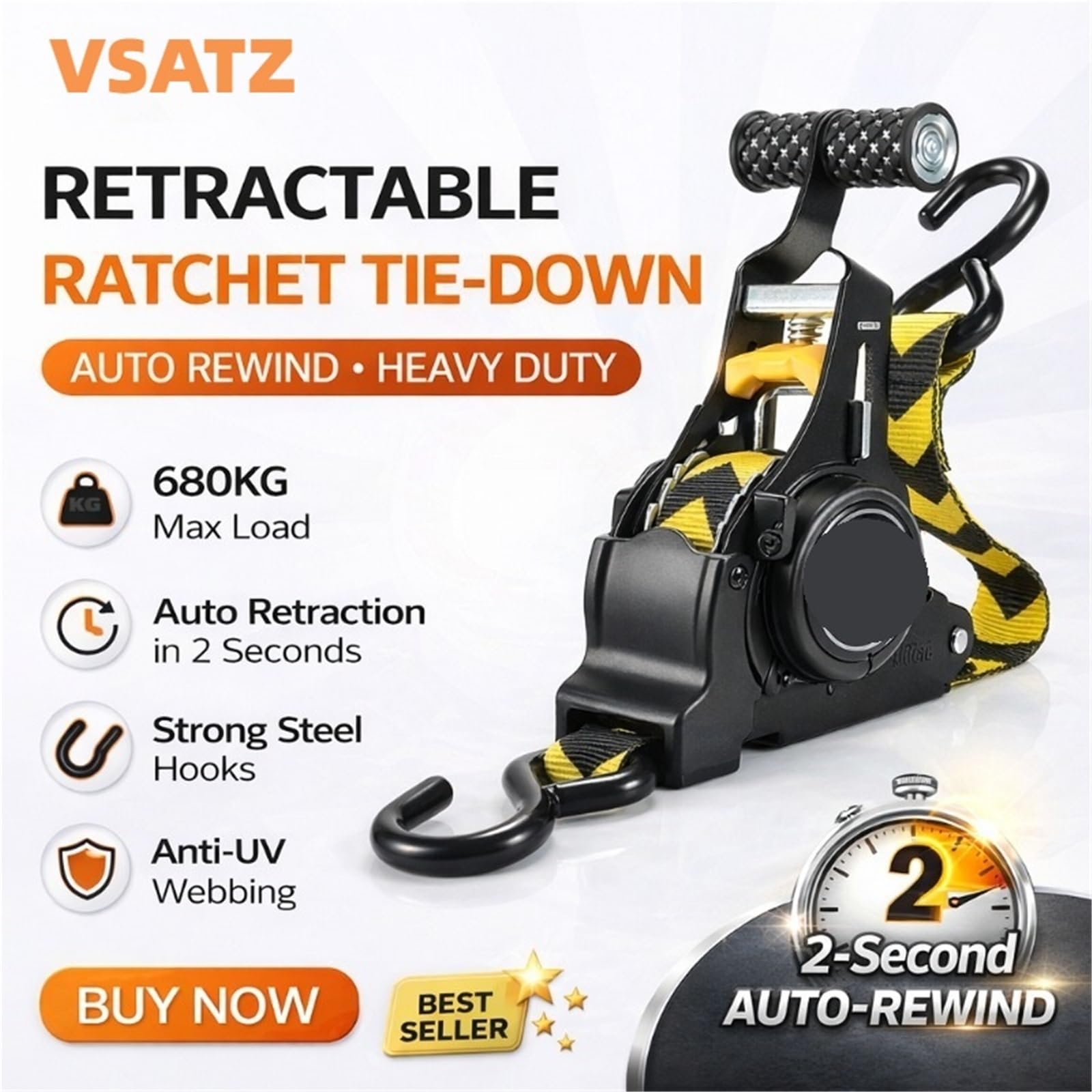 cinchas de Amarre Correa de trinquete retráctil automática, 680KG, 330CM, for Transporte Carga, camión, Motocicleta, Viaje, Correas Resistentes liberación rápida(Yellow 2 Pieces)