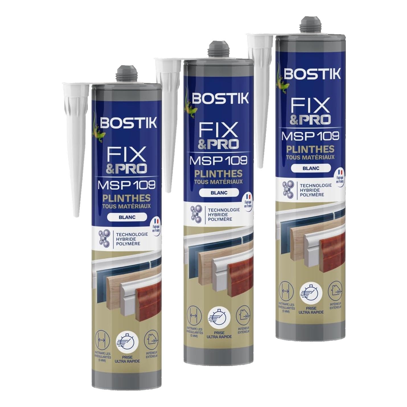 Bostik FIXPRO – Mastic Plinthes Tous Matériaux MSP 109 – Colle de Fixation Plinthes – Intérieur/Extérieur – Mastic Hybride Polymère – Prise Immédiate – Blanc – Cartouche 290 ml (Lot de 3)