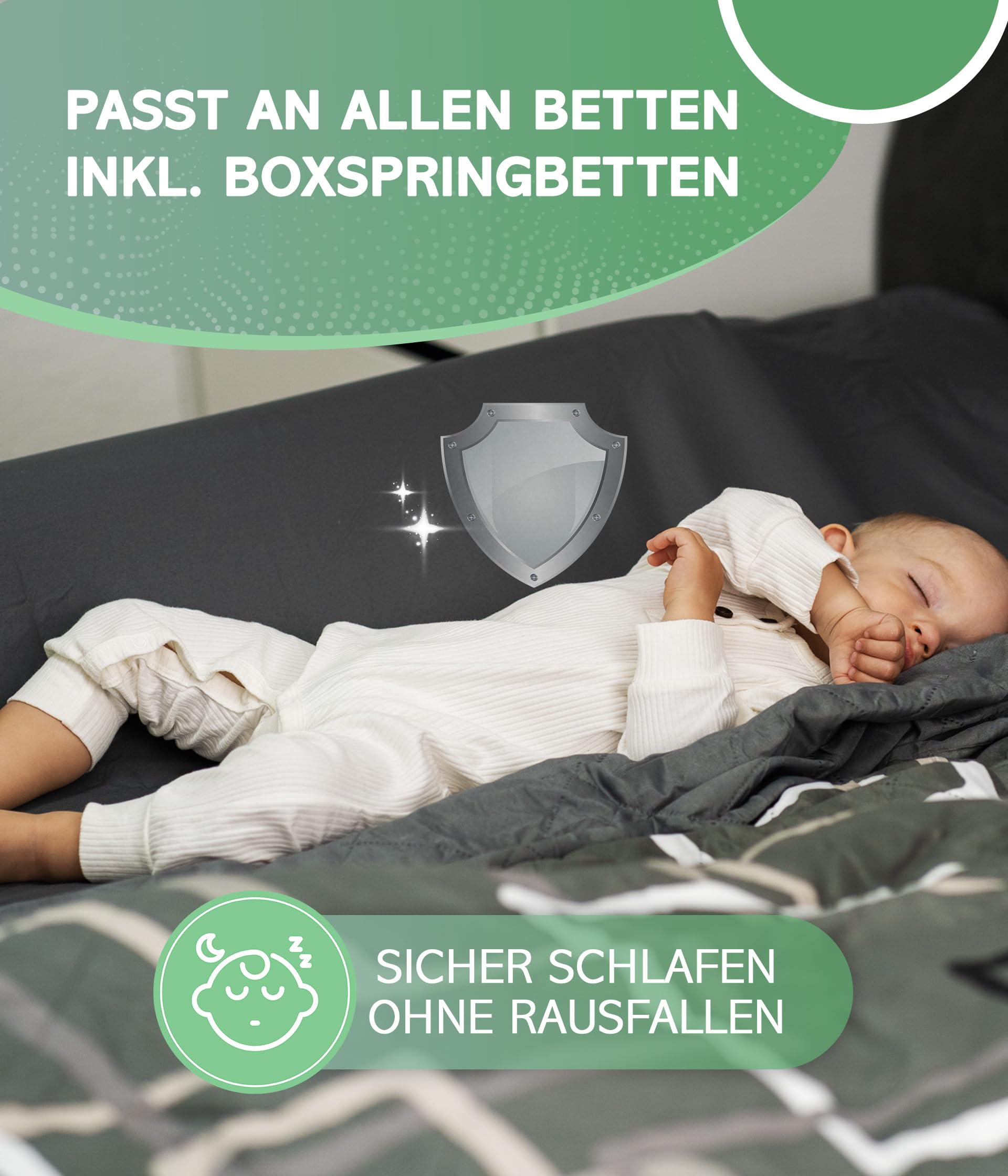 RAWVEL® Rausfallschutz aufblasbar 130cm Premium - [NEU 2025] - passend für alle Betten Zuhause & auf Reisen - Rausfallschutz Bett Reise BPA Frei & Laborgeprüft + Nylongurt (1er Set)