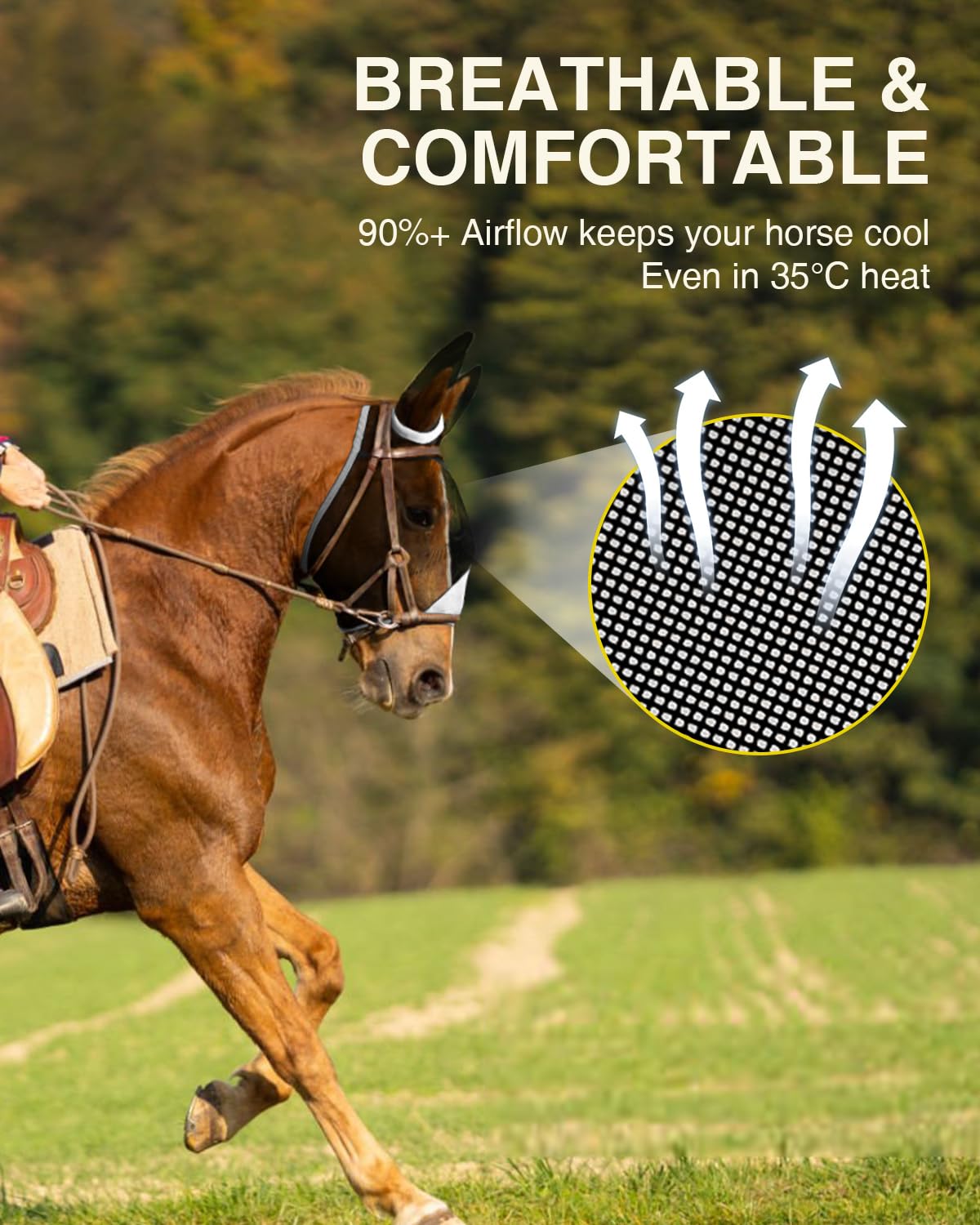 Hilltown Máscara de mosca ajustable para caballo con orejas, bloqueo UV, gran espacio para los ojos, transpirable, construida para durar, ajuste cómodo, máscara de mosca de caballo para estabilidad