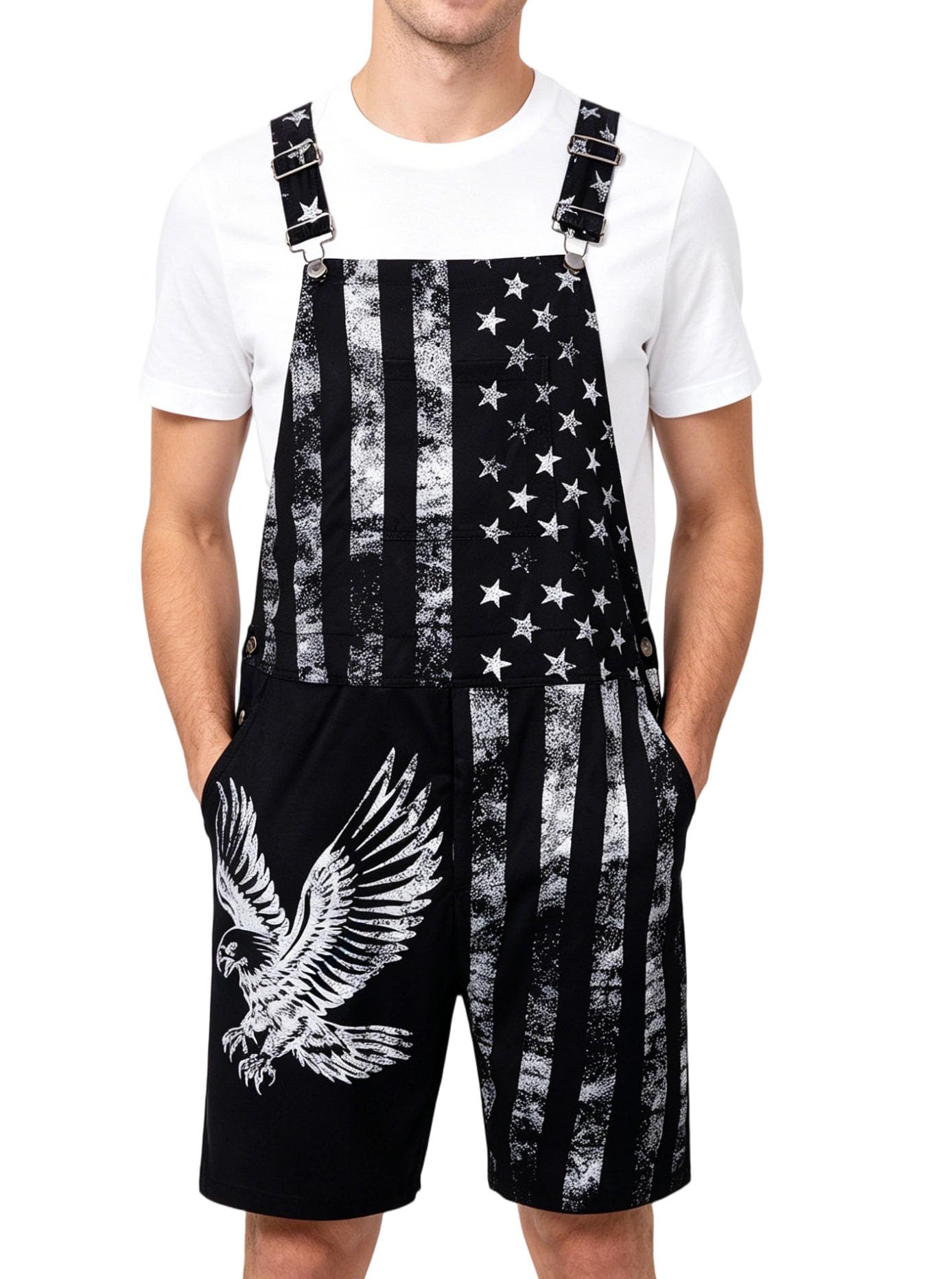 Mens American Flag Overalls Shorts Romper Casual 4th of July Workout Jumpsuit