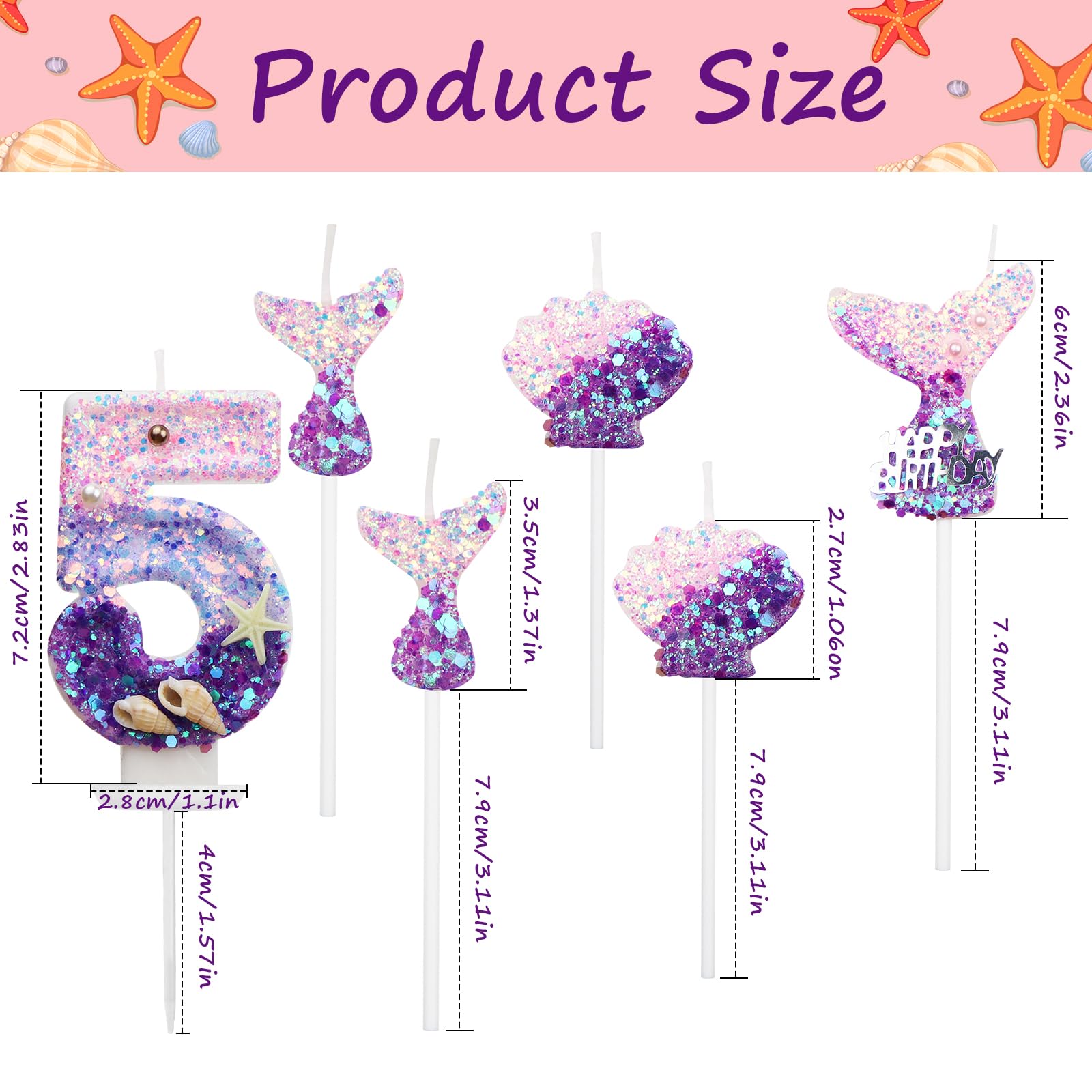 QEEYON 6Pcs Birthday Candles 2.5 inch Mermaid Theme Cake Candles for Birthday Cake Topper Decor- 1Pcs Number 5, 3Pcs Mermaid Tails, 2Pcs Shells